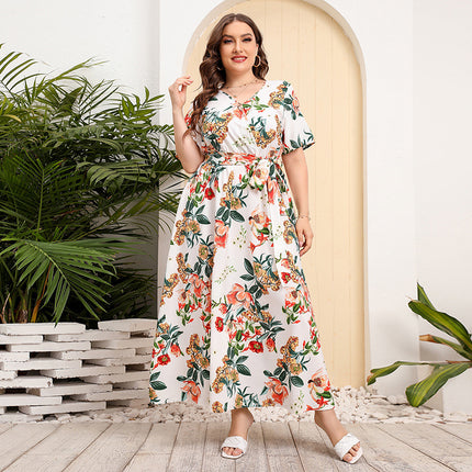 2025 Cross-border New French Elegant Elegant plus size dress Line-drawing Floral V-neck Short-sleeved Waisted Long Dress