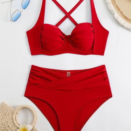 2025 European and American sexy new hard cup solid color high waist swimsuit bikini bikini cross-border TEMU foreign trade