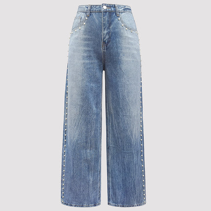 Women's 2025 Autumn New Magic Fashion Heavy Metal Stud White Pearl Tie-Dye Straight-Leg Jeans