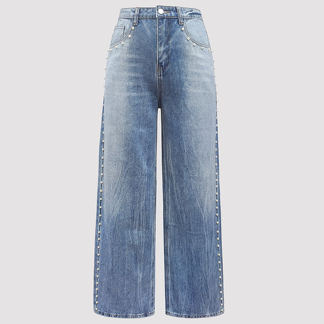 Women's 2025 Autumn New Magic Fashion Heavy Metal Stud White Pearl Tie-Dye Straight-Leg Jeans