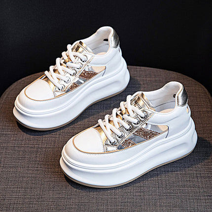 Thick-Soled Genuine Leather Hollow-Out Sneakers for Women, 2026 Summer New Arrivals, Height-Increasing Mesh Breathable Sports Casual Sandals