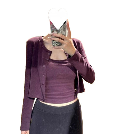 2025 New Design Purple Camisole Knitted Cardigan Short Top Two-Piece Set for Women