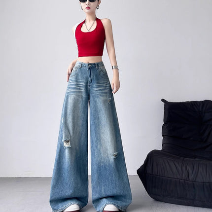 Spring New Retro Washed Ripped Denim Wide-Leg Pants for Women, Loose Slimming Straight-Leg Casual Pants, Floor-Length Pants