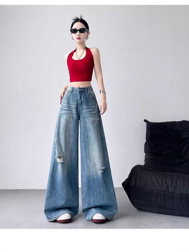 Spring New Retro Washed Ripped Denim Wide-Leg Pants for Women, Loose Slimming Straight-Leg Casual Pants, Floor-Length Pants