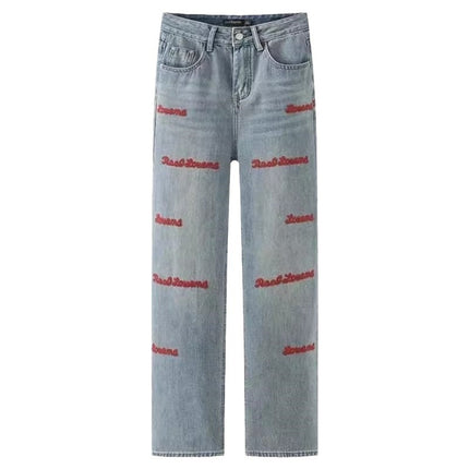 Vintage American Embroidered Straight Jeans Women's Trendy All-match plus size chubby girl High Waist Slimming Loose Wide-leg Trousers