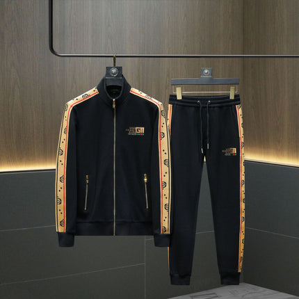 Men's Brand New Autumn and Winter Men's Fashion Brand Stand Collar Striped Cotton Slim Sweatshirt Two-Piece Set
