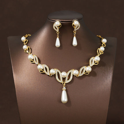 Imitation Gold Ear Studs/Ear Clips, Necklace and Earrings Pearl Jewelry Set, Bridal Leaf-Shaped Long Teardrop Pearl Necklace