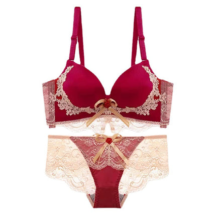 Red Embroidered Lace Sexy Wireless Bra Set for Women, Comfortable Push-Up and Side Support Bra Set