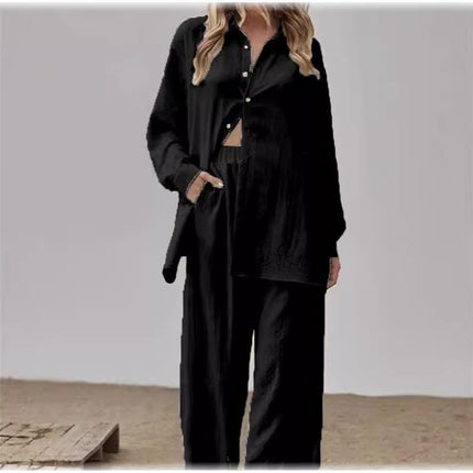2024 European and American women's shirt pants set long sleeve lapel shirt and elastic pants 2 piece set fashion office suit
