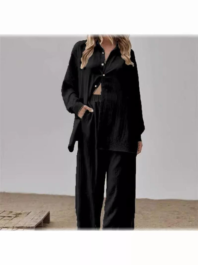 2024 European and American women's shirt pants set long sleeve lapel shirt and elastic pants 2 piece set fashion office suit