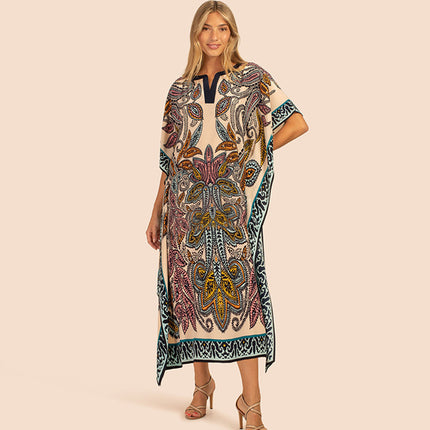 European and American New Positioning Printed Blouse Seaside Vacation Long Dress Loose Blouse Bikini Swimwear Long Gown Women