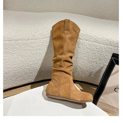 Cowhide Birkenstock-Style Long Boots 2025 Autumn and Winter New Style Pleated Boots Birkenstock Slim Boots Riding Boots Stretch Boots