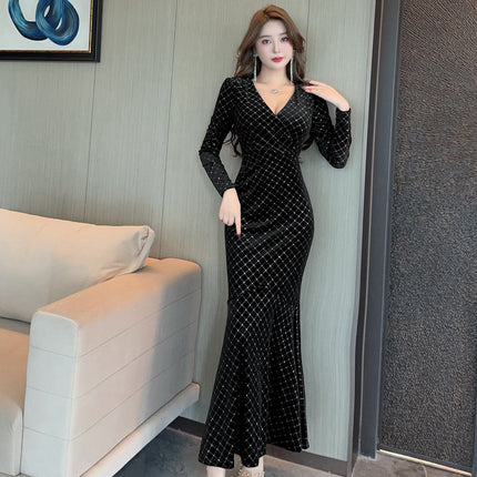 2222 Autumn and Winter Japanese and Korean Version Export Sexy Women's V Neck Long-Sleeved Gold Velvet Evening Dress Fishtail Long Skirt