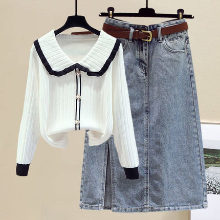 Plus Size Women's Spring and Autum Suit Women's 2025 New Knitted Sweater Slimming Look Versatile Denim Skirt Two-Piece Set