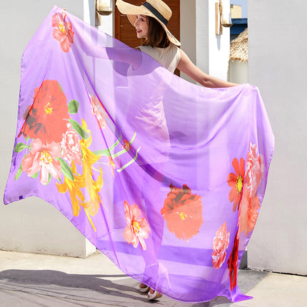 Seaside Sunscreen Silk Scarf Imitation Silk Scarf Spring and Summer Joker High-grade Printed Beach Scarf Silk Scarf Shawl Wholesale