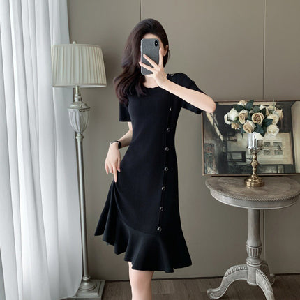 Cross-border French Style Retro Hepburn Style Black dress Women's Gentle and Elegant Summer New Style Elegant Slim-fit Knitted Dress