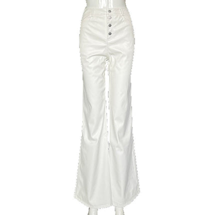 European and American Cross-Border New Products 2025 Autumn Women's Clothing Pu Leather Pure Color High Waist Straight Button Casual Leather Pants Women's Manufacturer Wholesale