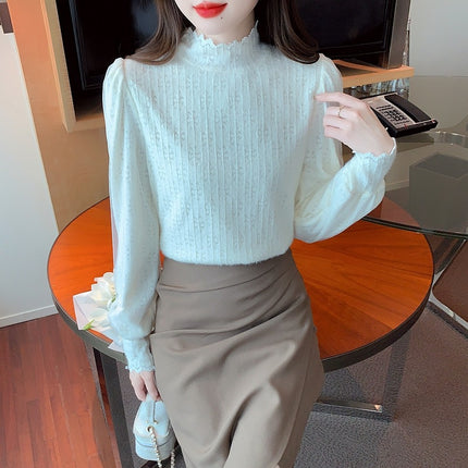Half-turtleneck Thickened Brushed Base Shirt Women's Autumn and Winter New Styliky Inner Slimming Bubble Long-sleeved fleece-lined Lace Shirt