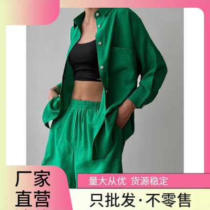 2024 spring European and American new solid color single-breasted long sleeve shirt loose fashion casual shorts suit in stock