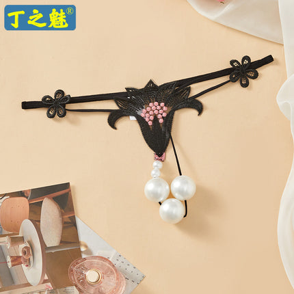 Plus Size Sexy Underwear Women's Thong Oversized Beads Temptation Couple Flirting Open Crotch Insertable Pearl Underwear