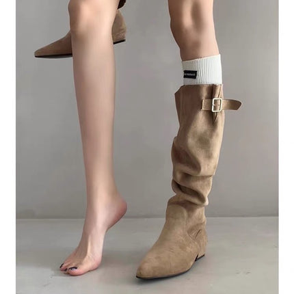 Petite Women's Pointed-Toe Platform Boots That Increase Height by 5cm, Over-The-Knee Thick High-Heeled Long Boots, Pleated Slim Boots, Denim Boots