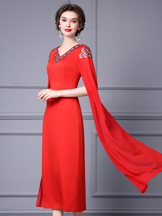 Elegant Goddess Style Evening Gown Long Dress with Light Luxury Handmade Sequins V-Neck Bodycon Dress 2026 Spring Collection