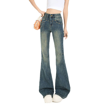 2026 Spring New Stretchy Retro Color American Style High-Waisted Slimming Hot Girl Design Multi-Studded Slim Fit Flare Pants