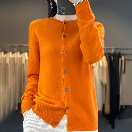 Factory wholesale autumn and winter new 100% wool round neck knitted cardigan women slim fit knitted coat sweater Joker