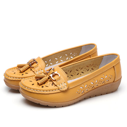 Summer Hollow New Leather Shoes for Middle-Aged and Elderly Mothers, Women's Single Shoes, Bean Shoes, Women's Soft-Soled Wedge-Heeled Clogs, Women's Shoes