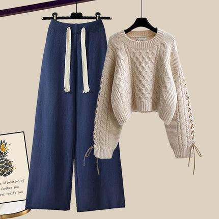 plus size Women's Autumn and Winter suit Women's 2024 New Pullover Knitted Sweater Women's Loose Slimming Wide Leg Pants Two-piece Set