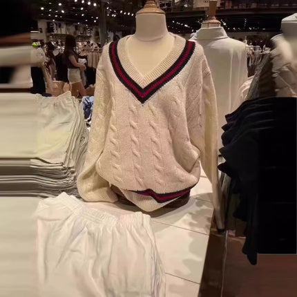 Brandy Knitted Sweater Women's Fresh Casual Versatile Fashionable V-Neck Cotton Elegant Cable Age-Reducing Long Sleeves