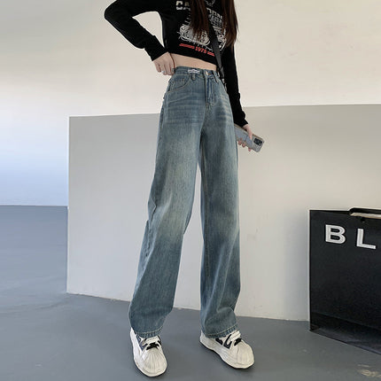 3301# High waist retro blue straight jeans women's design loose slimming draping mop long pants 1