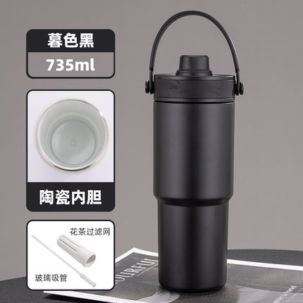 Cross-border high-value 316 stainless steel thermos cup large-capacity double-drink ceramic liner car cup portable handle cup