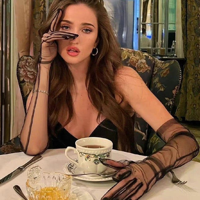 European and American Sexy Black Extra Long Yarn Transparent Gloves Finger Tulle Premium Ball Party Halloween Decorative Hand Sleeve