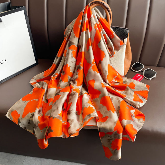 Korean-style Brocade Satin Orange Camouflage Silk Scarf Spring and Summer Thin Sunscreen Beach Towel Women's All-match Decorative Shawl