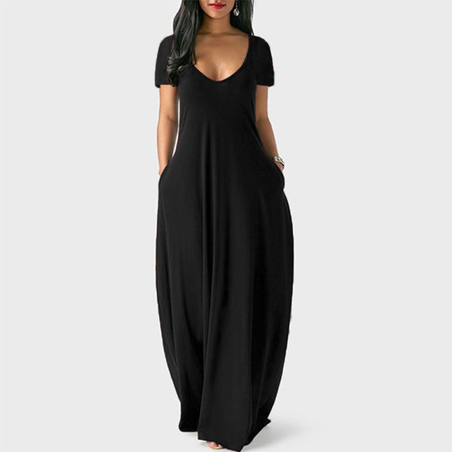 Europe and the United States summer cross-border foreign trade new plus size women's solid color dress sexy deep V short sleeve dress