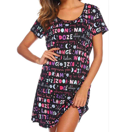 2025 European and American Amazon Spring and Summer New Short-Sleeved Cartoon Printed Nightgown Home Wear Women's Casual Style Dress