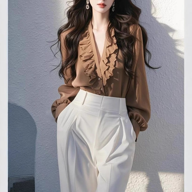 French-Style Tops for Women 2025 Spring New Collection Coffee-Colored Ruffled Shirt Artistic Retro Elegant Vintage Style