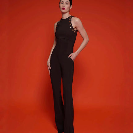 European and American foreign trade high-end boutique women's jumpsuit sleeveless high waist round neck slim figure flared pants