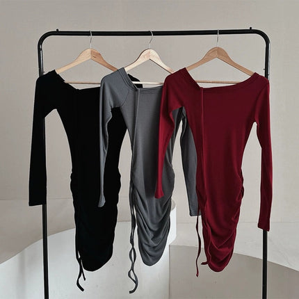 South Korea Dongdaemun Spring New Elegant Inclined Collar Shoulder Strap Chest Pad Lace-up Waist Pleated Figure dress