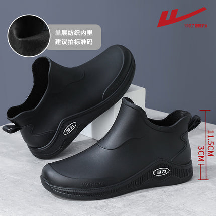 Pull Back New Fashion Men's Rain Boots Short-Tube Rubber Shoes Water Shoes Non-Slip Wear-Resistant Car Wash Work Waterproof Shoes Warm Winter