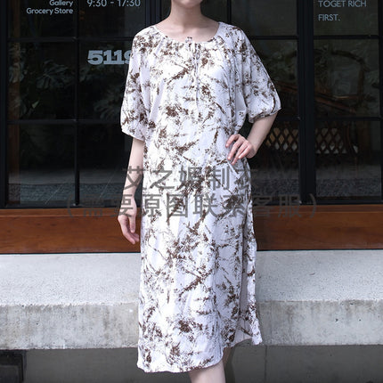 2026 New Cotton Silk Nightgown for Women, High-End Printed Short-Sleeved Long Dress, Large Size, Thin Style, Can Be Worn Outside as Loungewear
