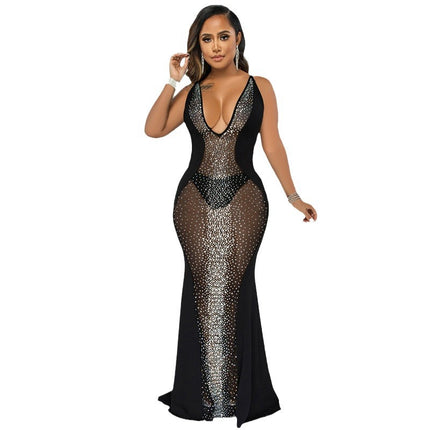 9525 Cross-border Women's New Sexy Perspective Sleeveless Deep V Rhinestone Mesh Nightclub Party dress