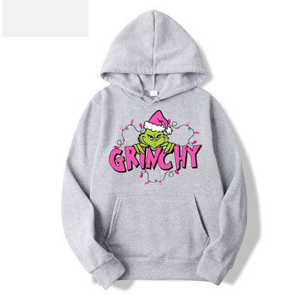 2024 Cross-border Autumn Simple pink Letter Font Printing Men's and Women's Hooded Christmas Green Hair Monster