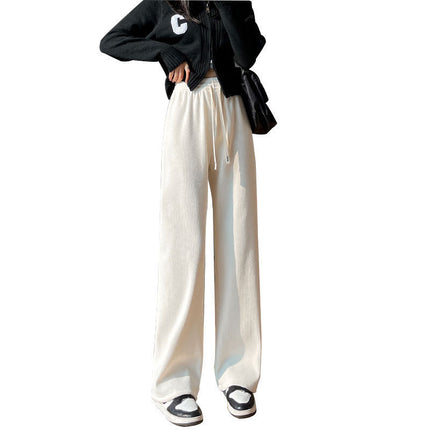 Autumn and Winter fleece-lined cream women's pants 2024 new casual straight mop pants loose all-match chenille wide-leg pants