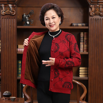 Autumn and Winter Thickened Middle-aged and Elderly Sweater Wool Pure Face Solid Color Jacket Cardigan Elderly Couple Dress Red Festive Parents