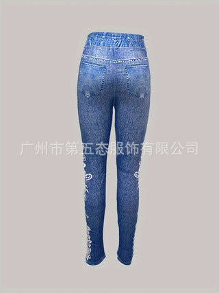 Casual Imitation Denim Printed Leggings
