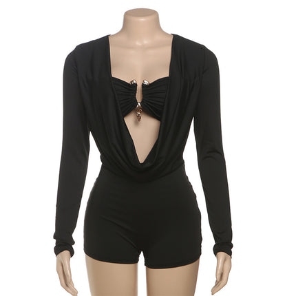 Amazon Foreign Trade Best-Selling Women's Solid Color Long-Sleeved Swing Collar Cut Out Accessible Luxury Sexy Sexy Nightclub Slim Jumpsuit