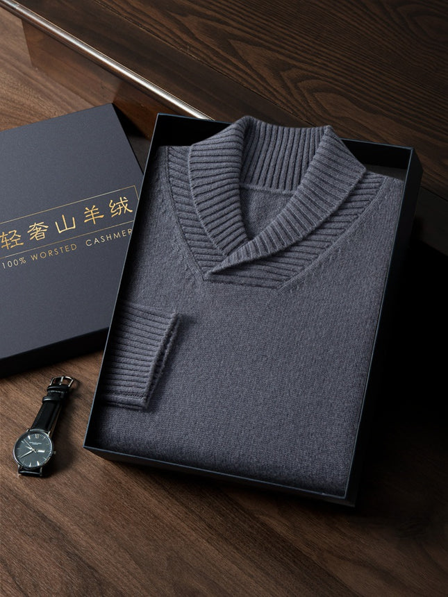 Men's cashmere sweater green collar autumn and winter thickened sweater business casual all-matching men's pure cashmere sweater