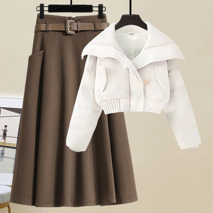 Winter wear small cotton-padded jacket coat with a set of new autumn and winter thick wool skirt two-piece suit